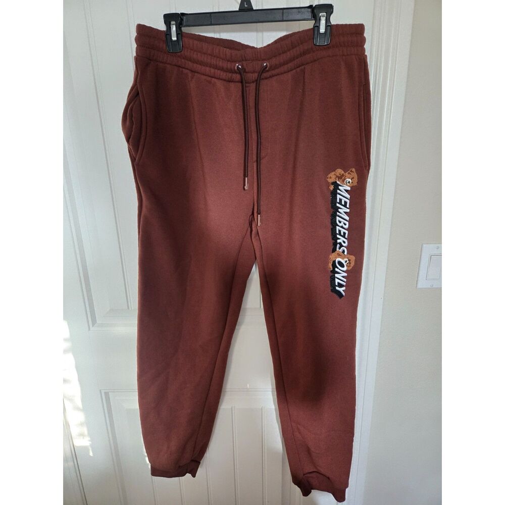 Members Only Men’s XL Brown Jogger Sweatpants Teddy Bear Logo Drawstring Fleece